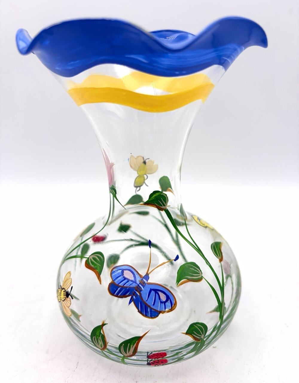 Lenox Hand Painted Glass Vase Butterfly Dragonfly Floral Blue Ruffled Rim Signed